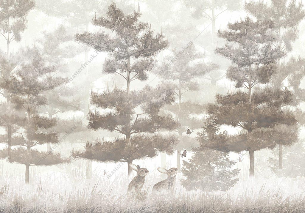 Фотообои туманный лес с зайчиками
