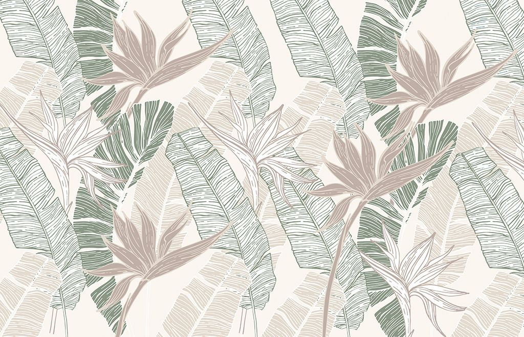 Фотообои Зеленые тропические листья в пастельных тонах