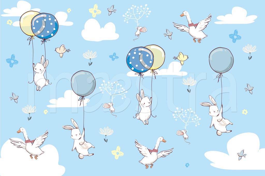 Фотообои Птицы и кролики в облаках на воздушных шарах на голубом фоне