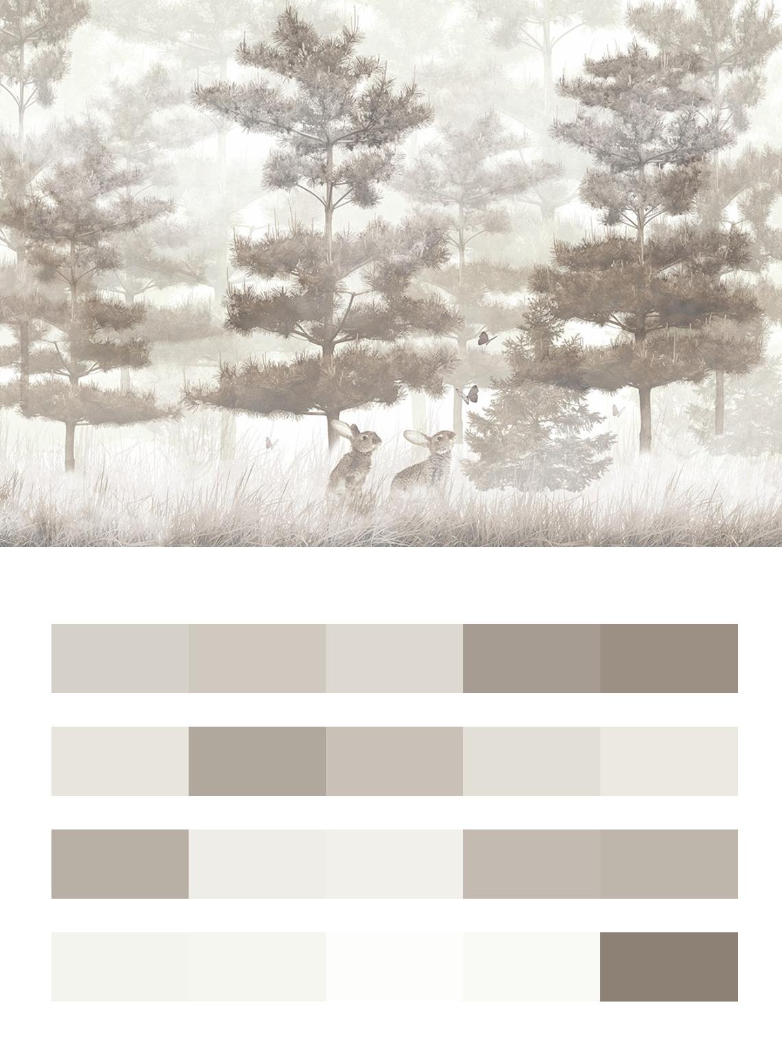 туманный лес с зайчиками цвета